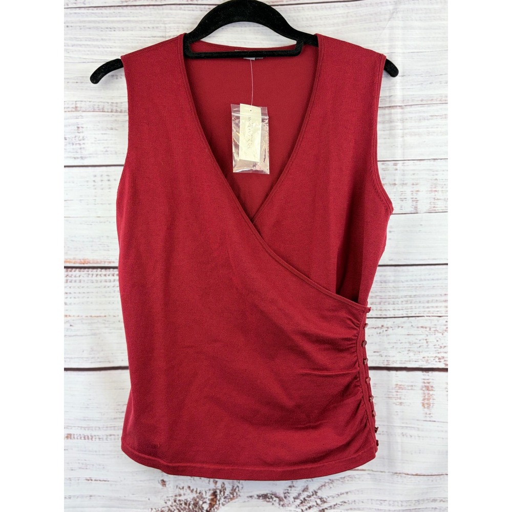 Ann Taylor Factory Burgundy Silk Blend Side Button Ruched Wrap Sweater Shell M